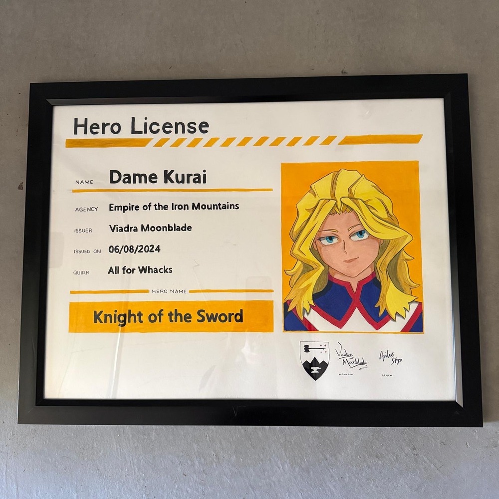 Custom My Hero Academia Style Hero License Dame Kurai Framed Hand Painted Art